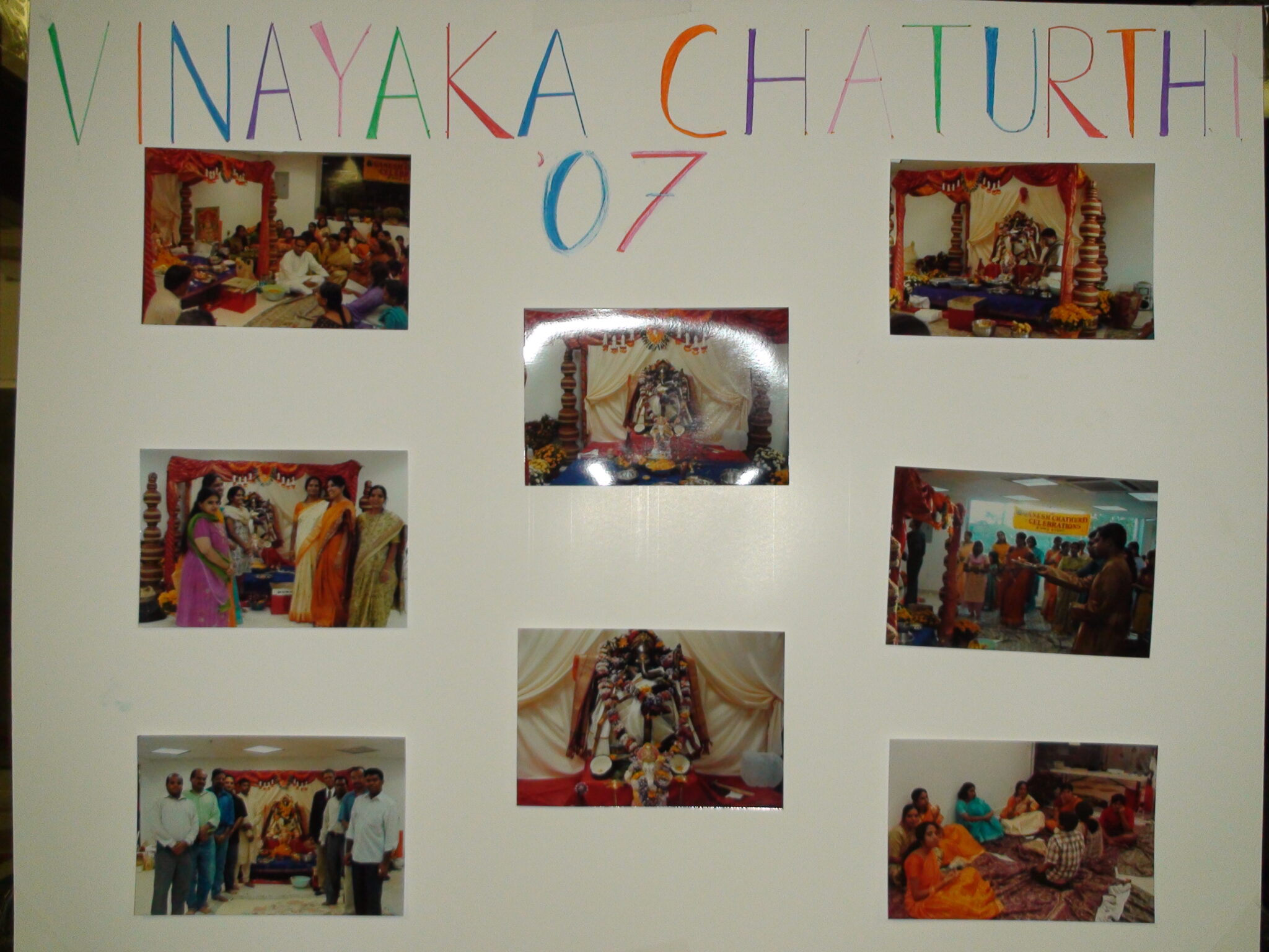 Handmade photo collage documenting a Kalabharathi Hindu cultural celebration with shrine and ceremony photos